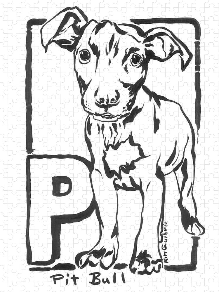 Black and white drawing of pit bull dog jigsaw puzzle by kim guthrie