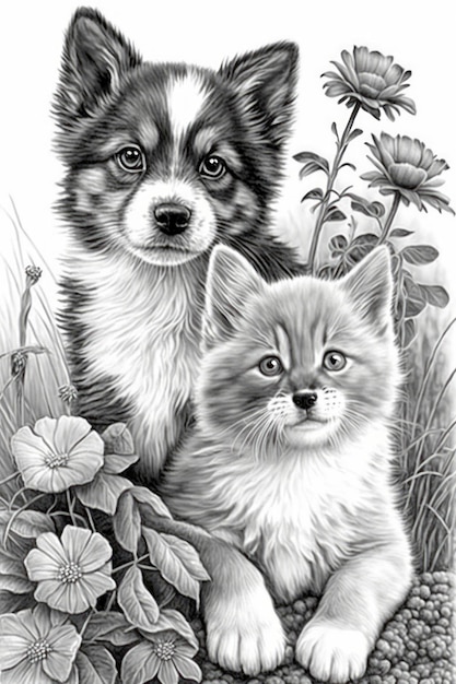 Premium ai image coloring page kitten and puppy grayscale