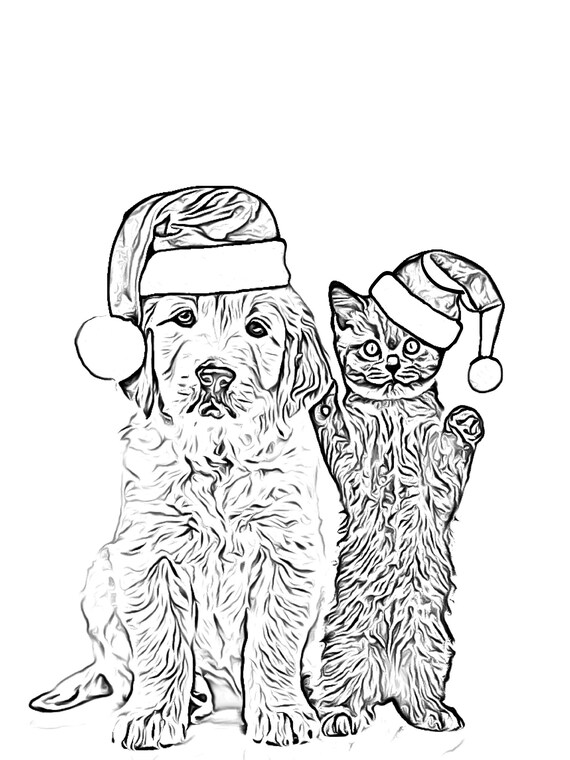 Christmas puppy and kitten coloring page instant download