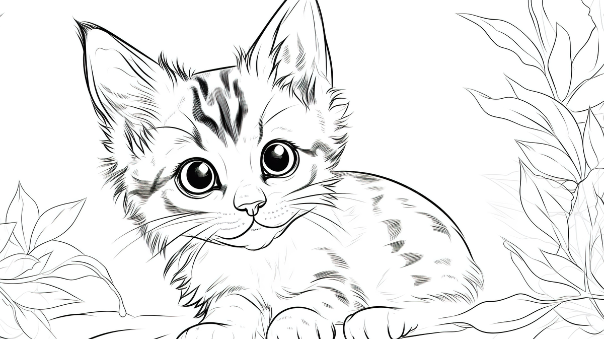 Little furry kitten sitting between trees coloring page from kittens background kitten coloring picture kitten cat background image and wallpaper for free download