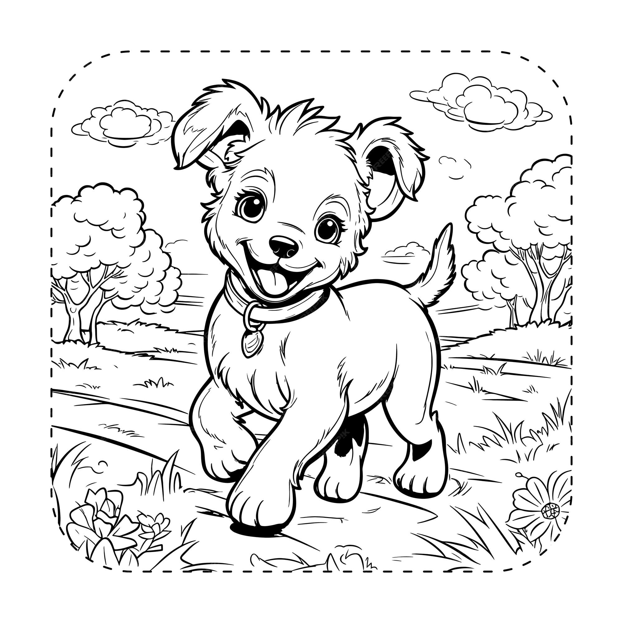 Premium vector mischievous puppy playtime fun coloring book illustration