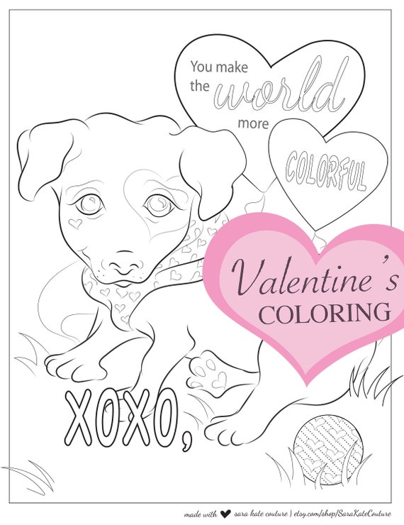 Valentines puppy love valentines coloring instant download digital coloring vday party galentines kids valentine puppy dog
