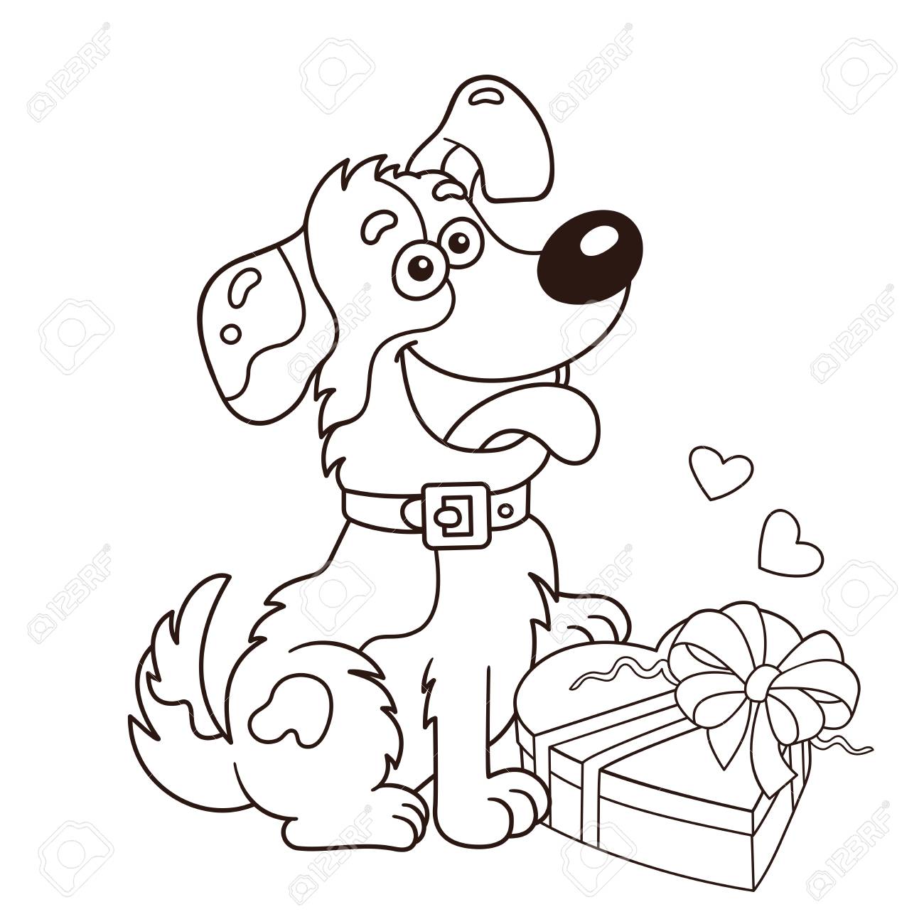 Coloring page outline of cartoon dog with gift greeting card birthday valentines day coloring book for kids royalty free svg cliparts vectors and stock illustration image