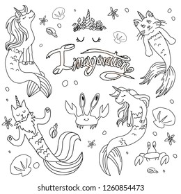 Caticorns unicorns mermaid vector illustration coloring stock vector royalty free