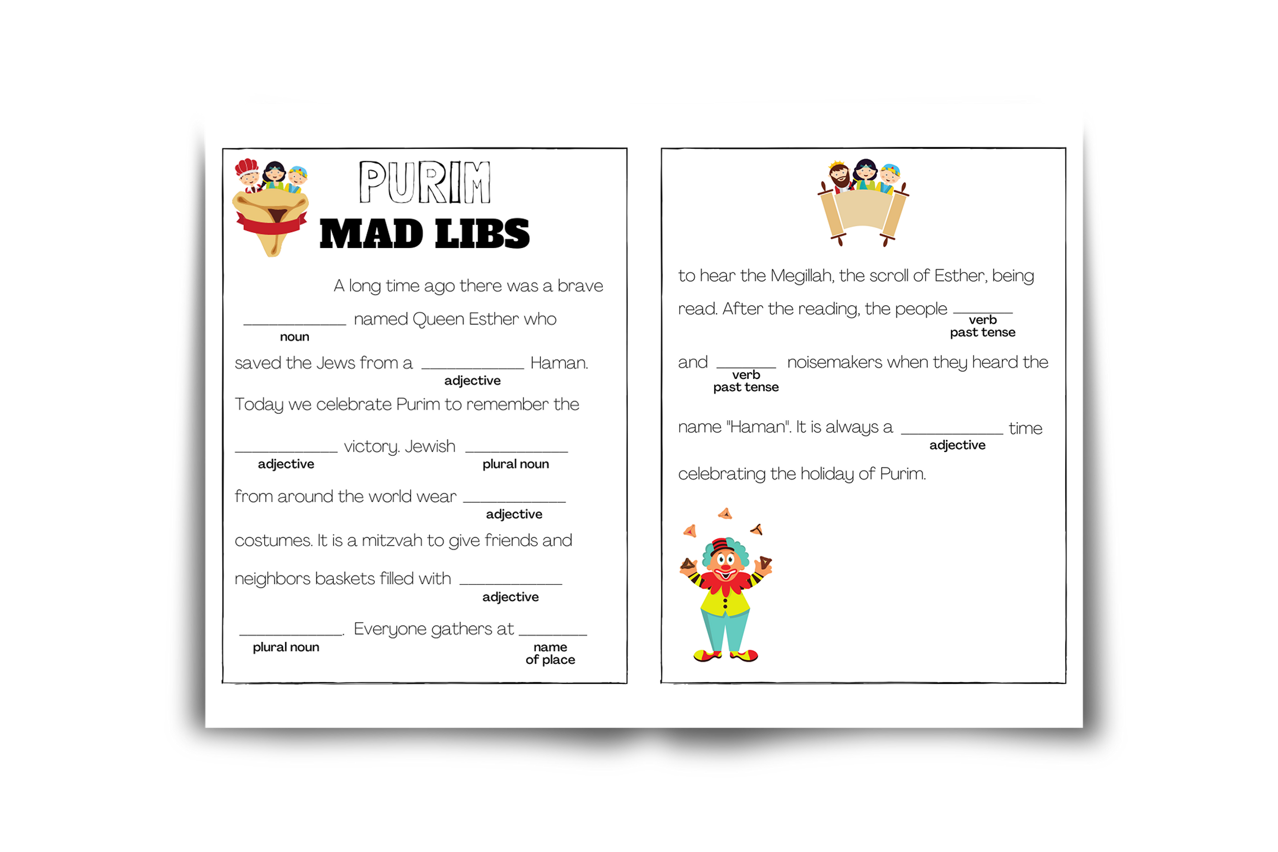 Purim activity pack hebrew worksheets