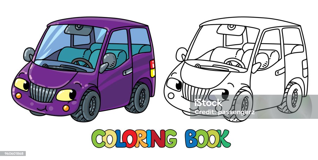 Funny small car with eyes coloring book stock illustration