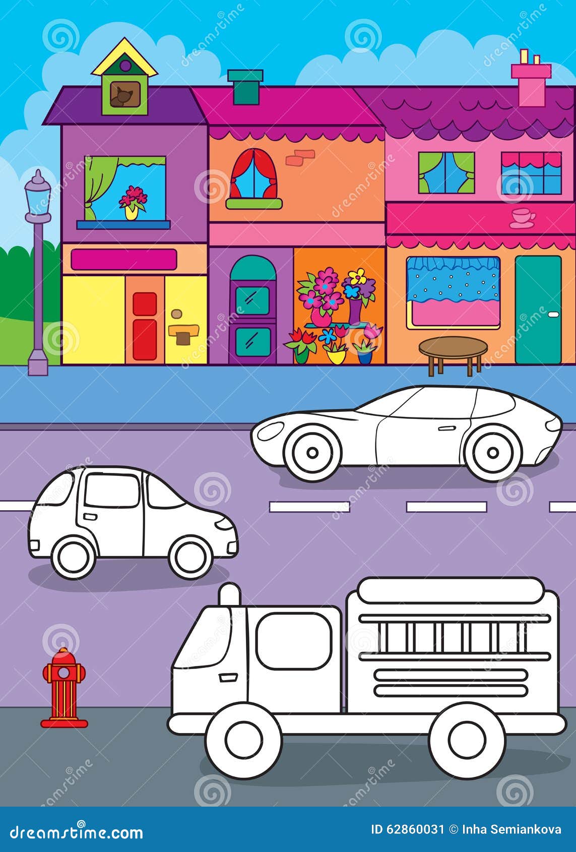 Coloring book of cars on city street stock illustration