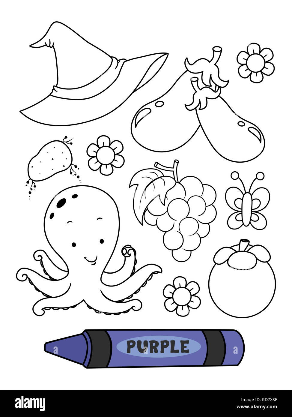 Illustration of a purple crayon with purple colored elements in a coloring page stock photo