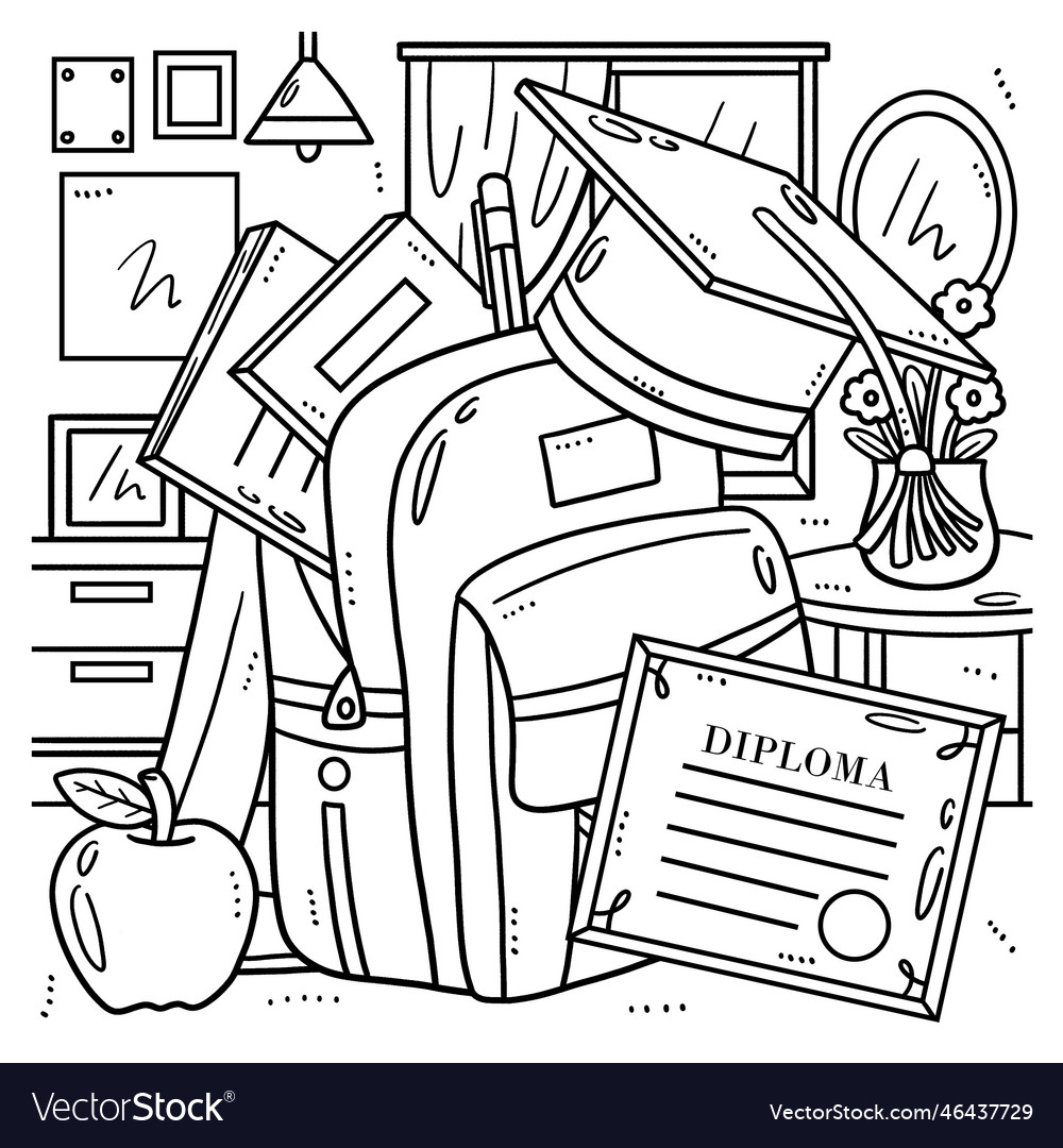 Graduation cap with a school bag coloring page vector image