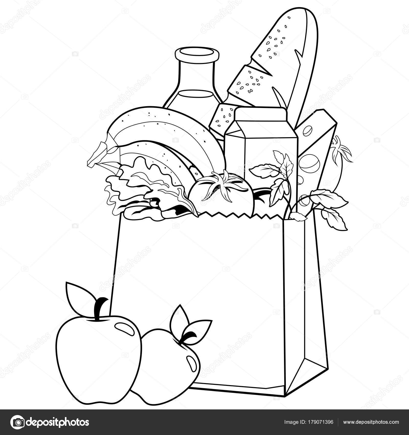 Bag with groceries coloring book page stock vector by stockakia