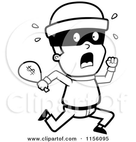 Cartoon clipart of a black and white running burglar with a bag of cash