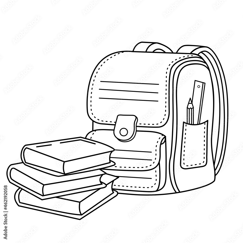 Coloring page outline of children satchel or knapsack with books or textbooks school supplies coloring book for kids vector