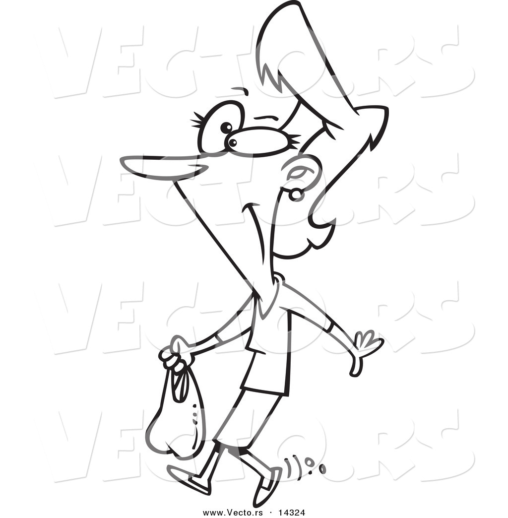 R of a cartoon thrifty woman carrying a plastic bag