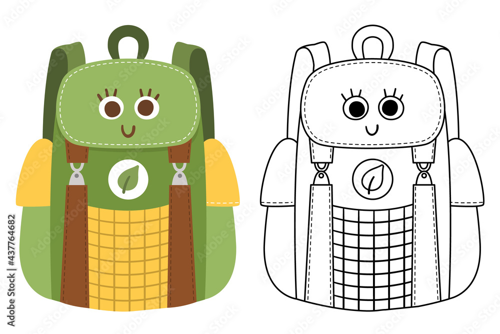 Vector kawaii traveler backpack colored and black and white illustration schoolbag clipart cute flat and line style smiling trip bag with eyes funny picture for kids cute coloring page vector