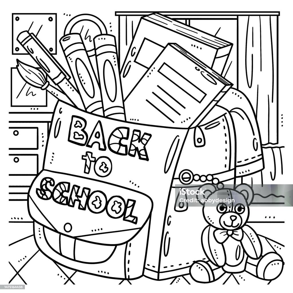 Back to school bag coloring page for kids stock illustration