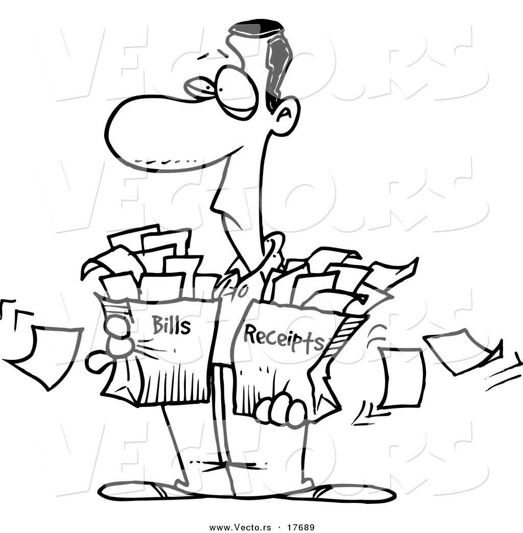 R of a cartoon man carrying bags of bills and receipts