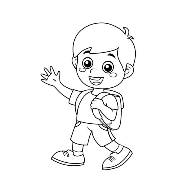 Boy with school bag back to school concept black and white vector illustration for coloring book stock illustration