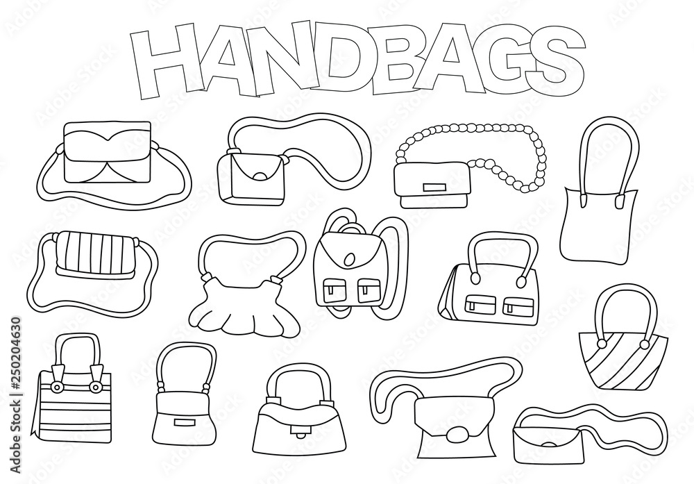 Handbag set of icons and objects hand drawn doodle luxury fashion purse accessories design concept black and white outline coloring page game monochrome line art vector illustration vector