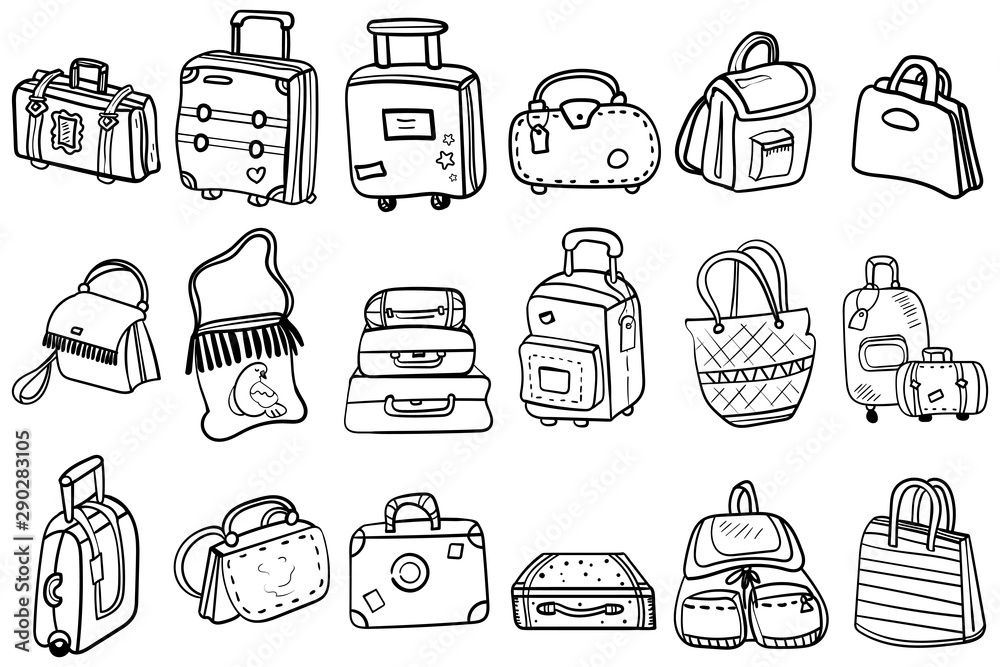 Collection of doodle bags backpacks suitcases and beach bags coloring page or book for children and adults vector illustration vector