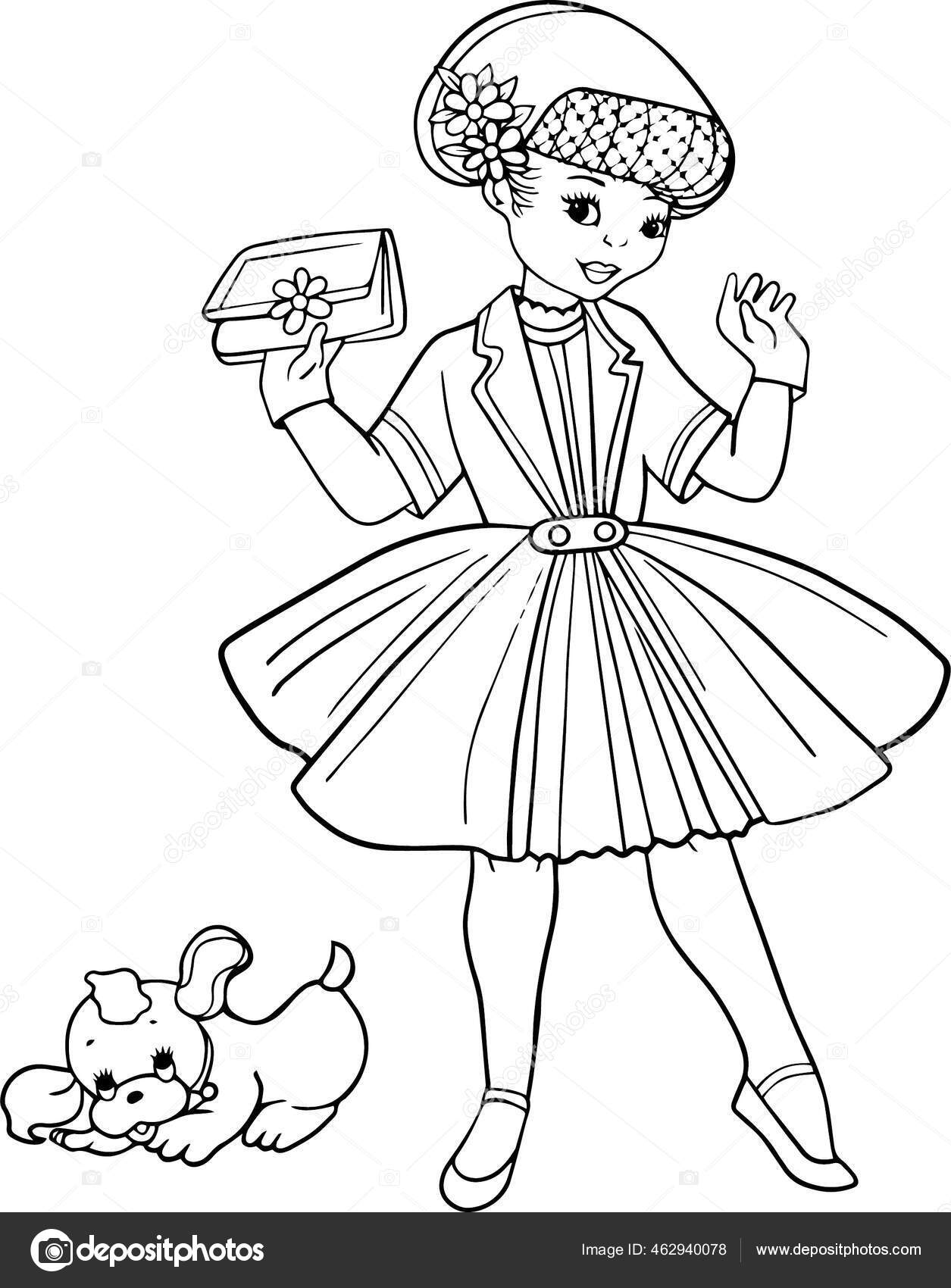 Webcute girl purse small dog design concept coloring pages children stock vector by nfborisovayandexru