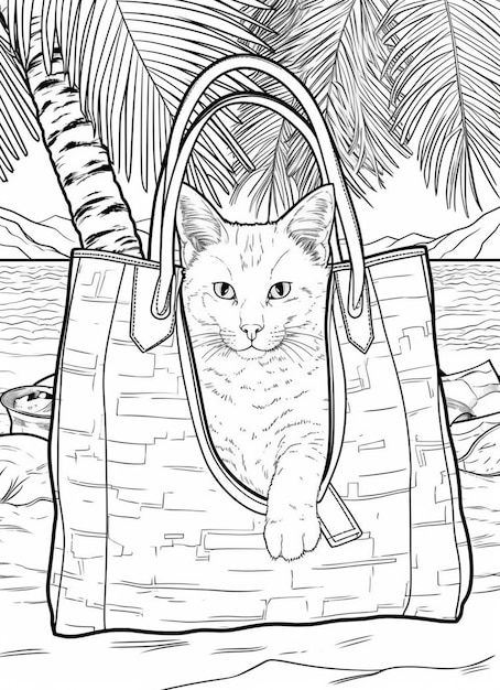 Premium ai image coloring pages of a cat in a purse on the beach generative ai