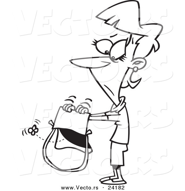R of a cartoon woman shaking her empty pue