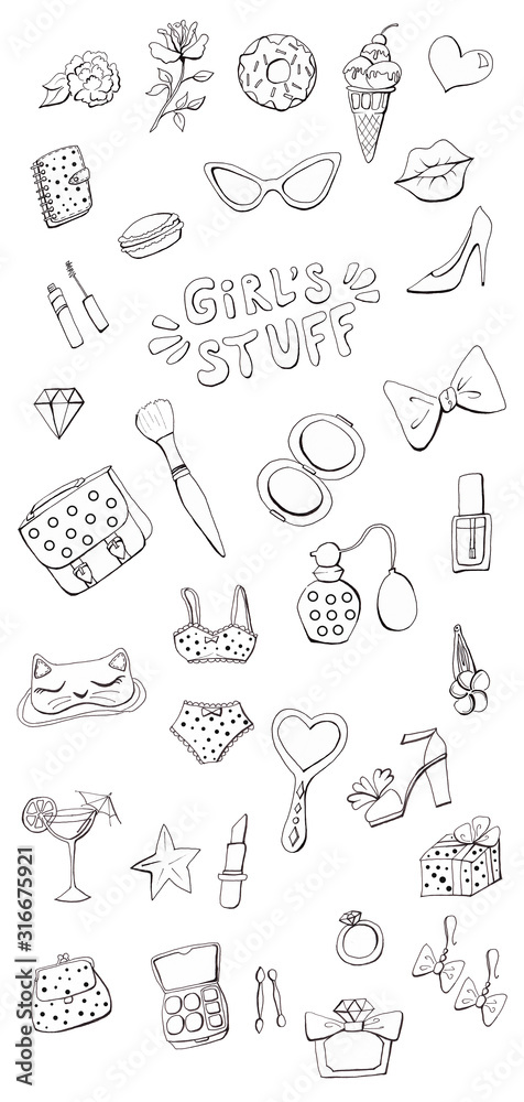 Girls stuff doodle hand drawn clip art funny big set of girly things make up bag purse perfume kiss flowers glasses black and white lineart stickers coloring page illustration