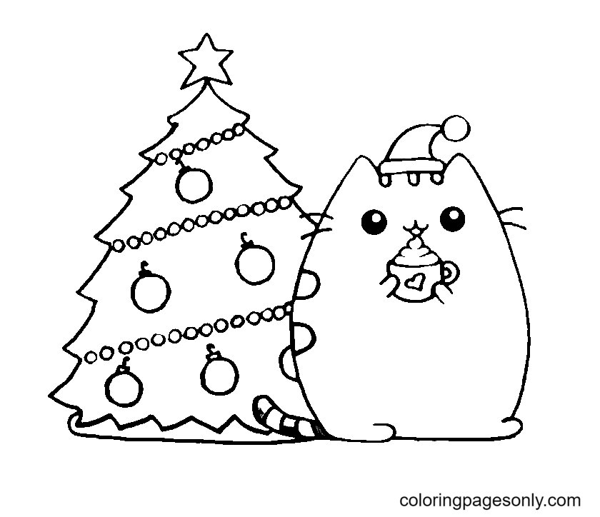 Christmas holiday pusheen cat coloring page