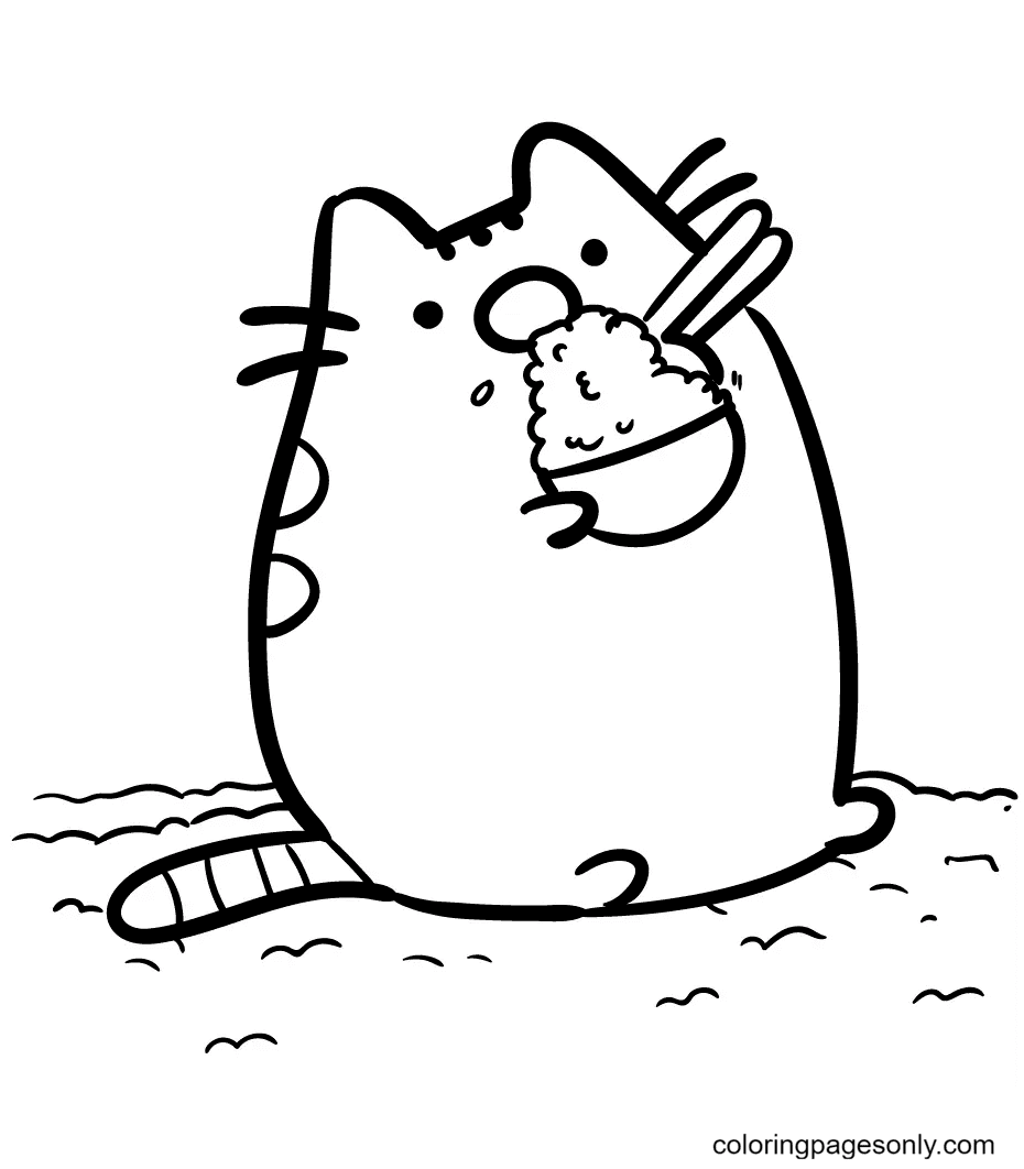 Pusheen have a delicious snack to feast on coloring page