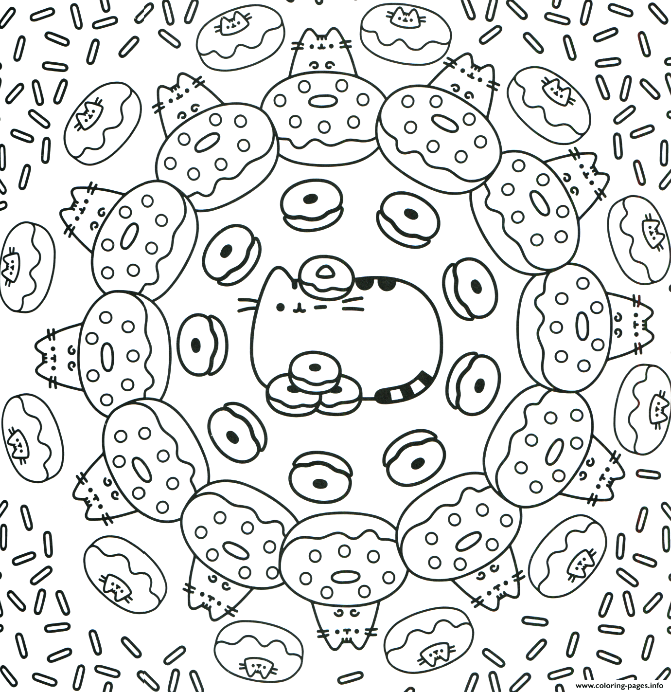Pusheen the cat donuts pattern coloring page printable