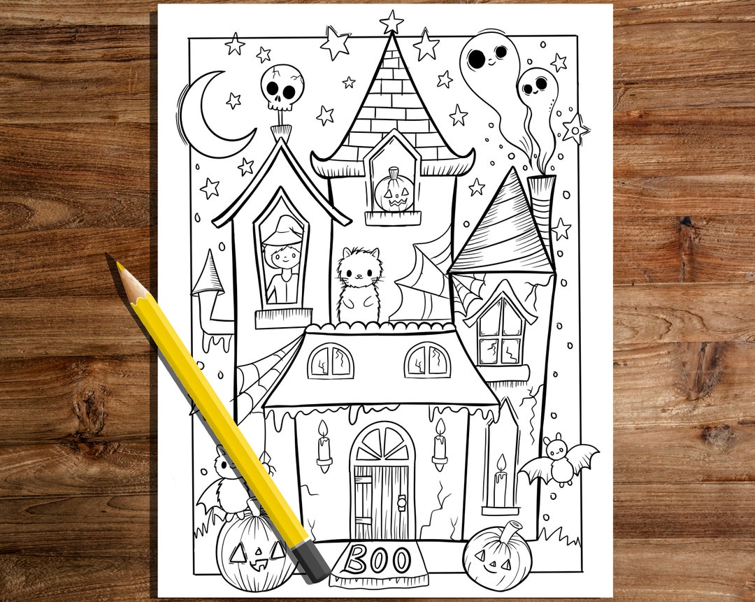 Haunted house coloring pagehalloween coloring page halloween fun halloween witch whimsical coloring page halloween coloring page