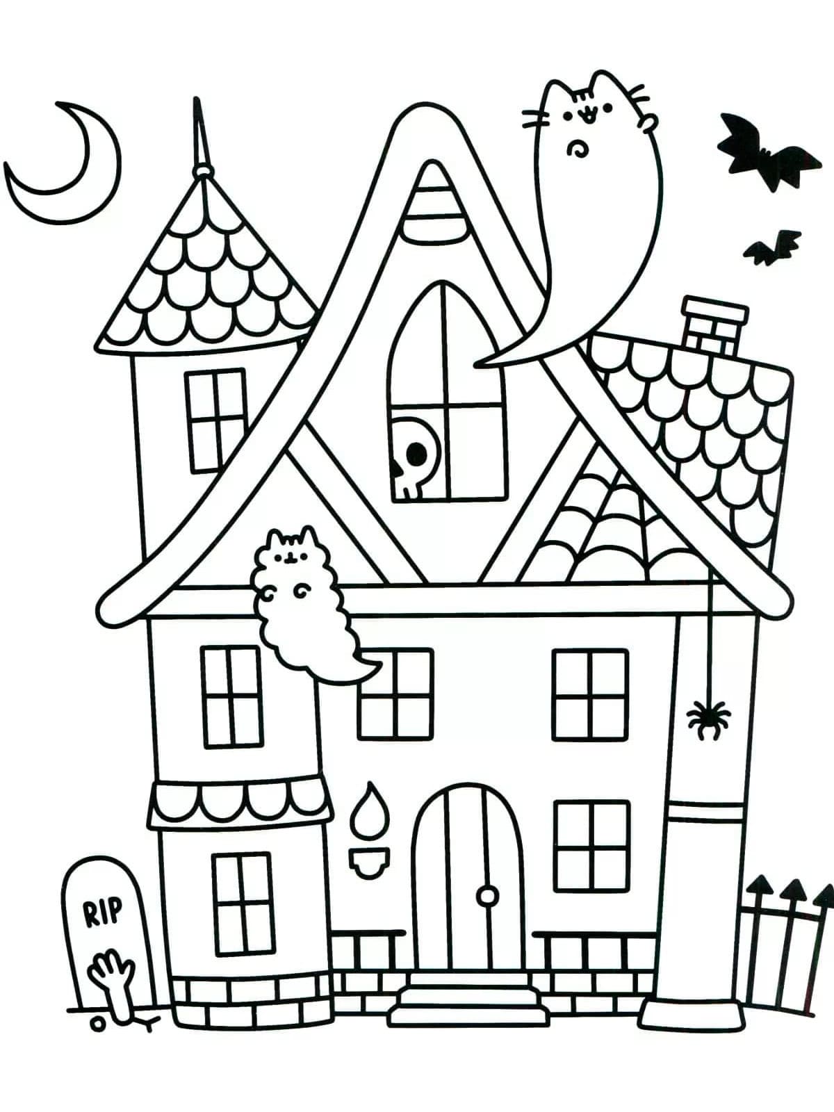 Pusheen haunted house coloring page