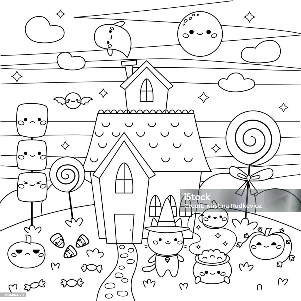 Halloween coloring page with haunted house stock illustration