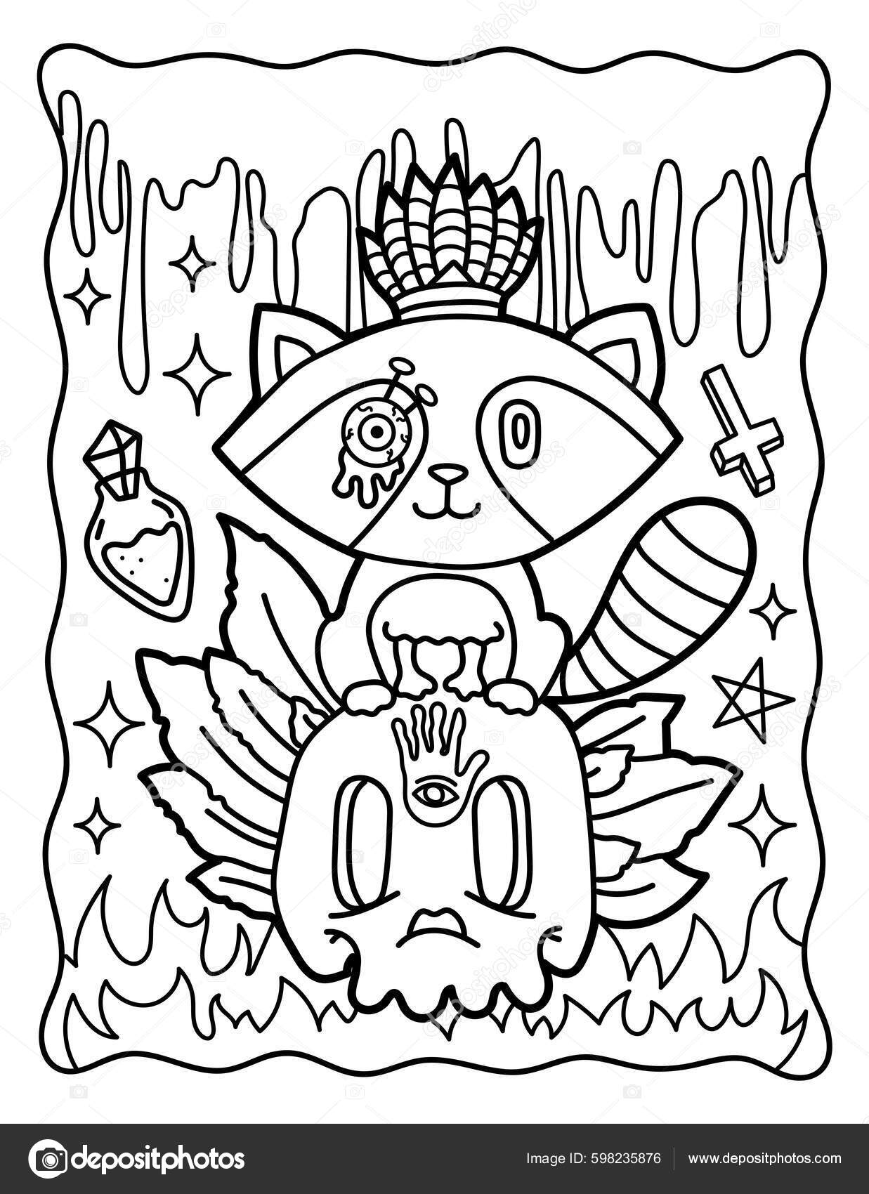 Halloween coloring page raccoon sits skull terrible animals horror kawaii stock vector by meineillustrations
