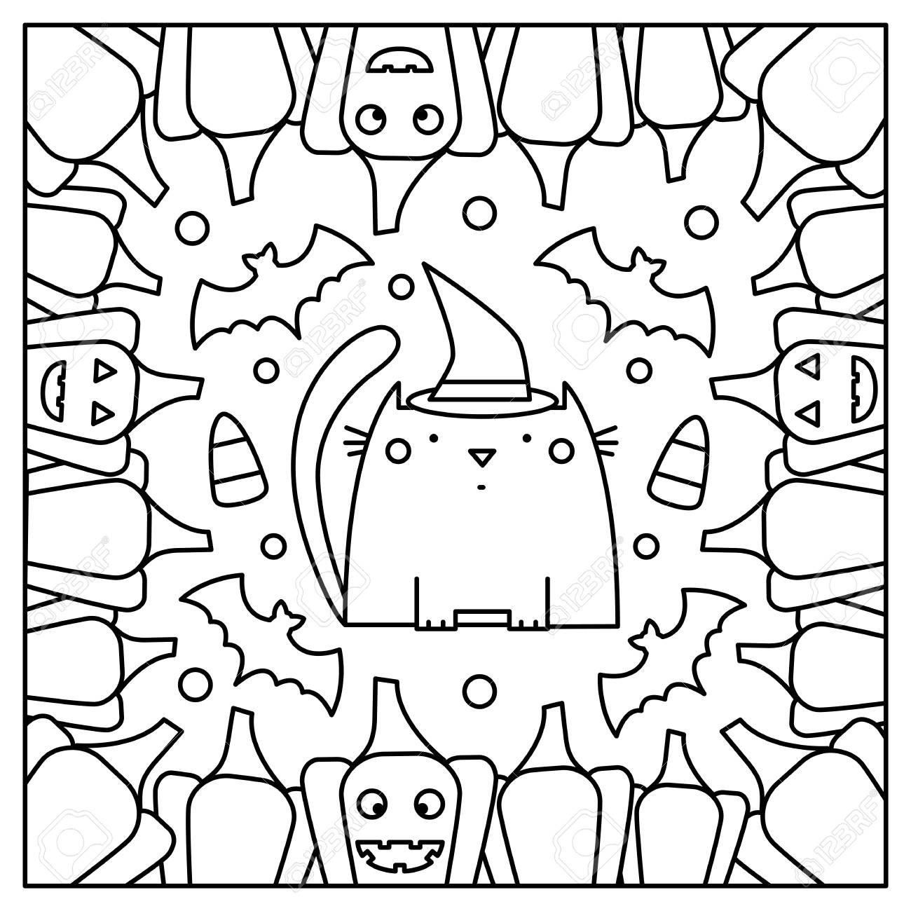 Cat with pumpkins coloring page vector illustration royalty free svg cliparts vectors and stock illustration image
