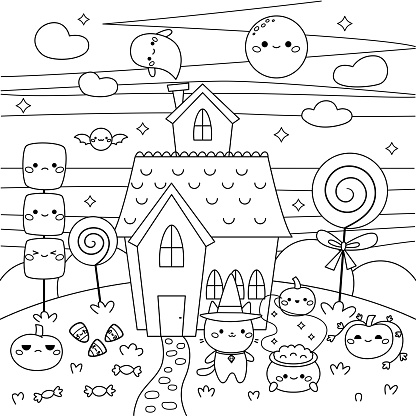 Halloween coloring page with haunted house stock illustration