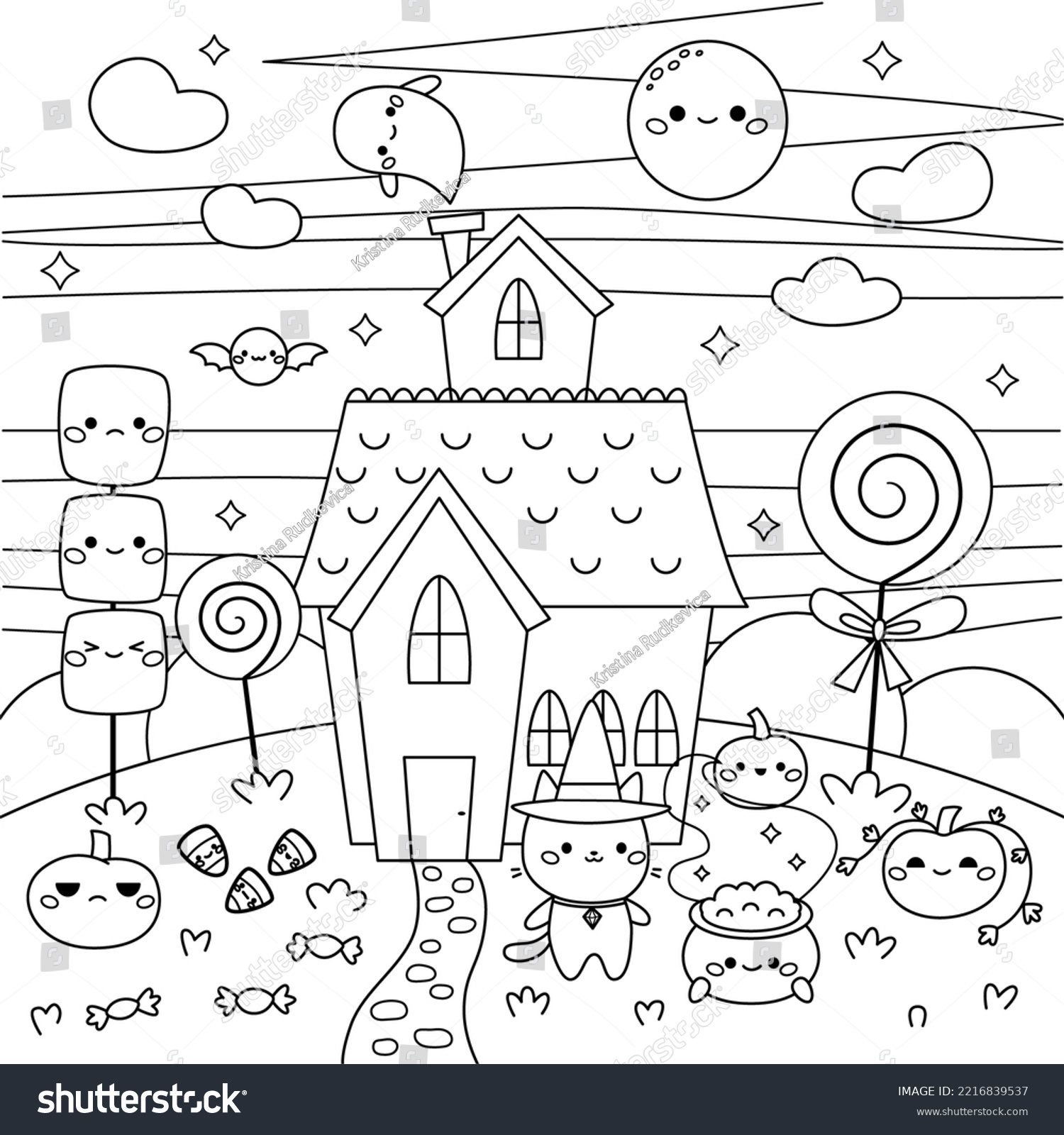 Halloween coloring page haunted house kawaii stock