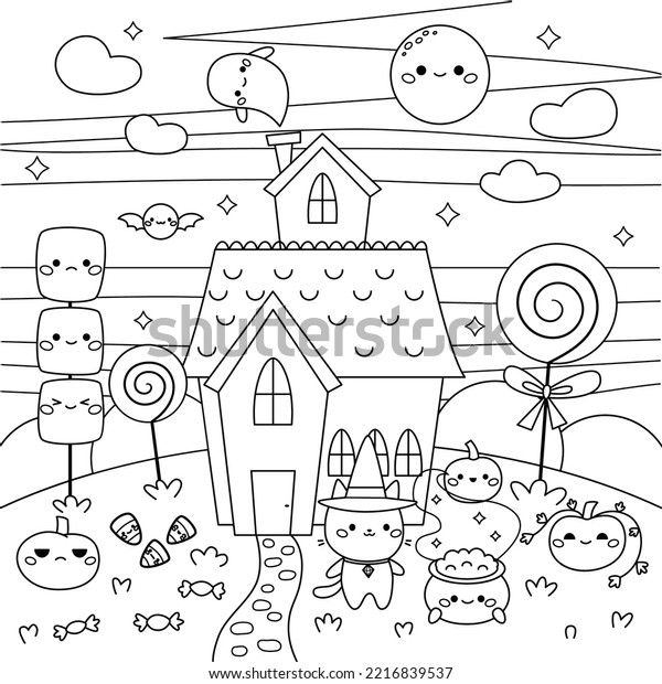 Halloween coloring page haunted house kawaii stock