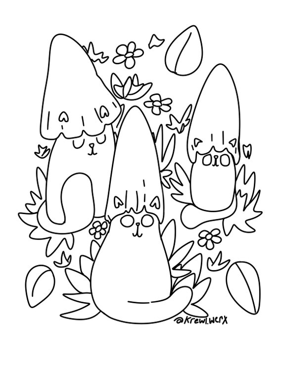 Mushroom cats printable coloring pages digital download