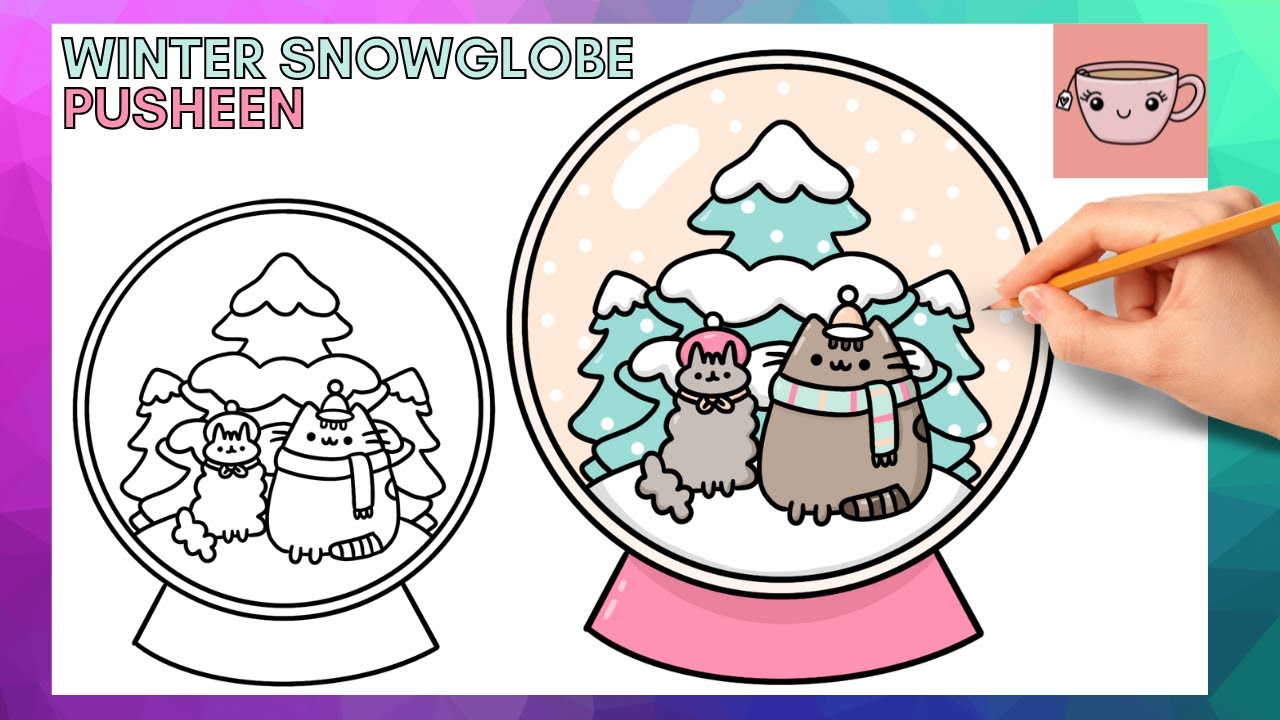How to draw pusheen winter snowglobe cute easy step by step drawing tutorial
