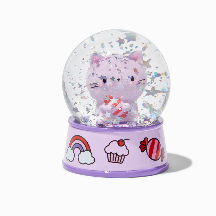 Purple cat snow globe claires us