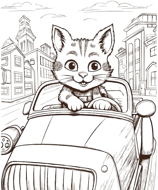 Free vector coloring pages for kids happy cat in car