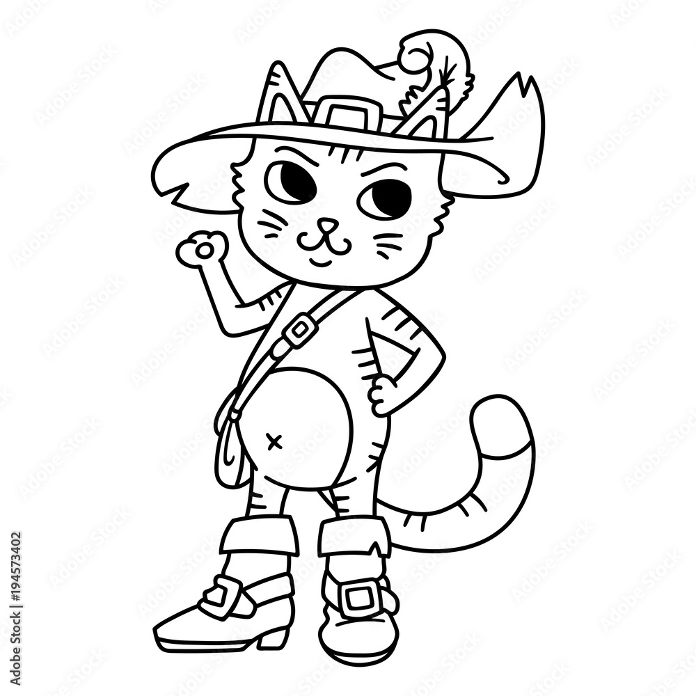 Puss in boots children illustration page for coloring book greeting card print t