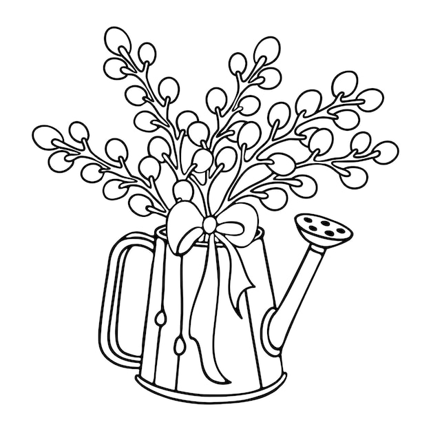 Premium vector watering can with pussy willow branches and ribbon outline doodle for easter design premium vector