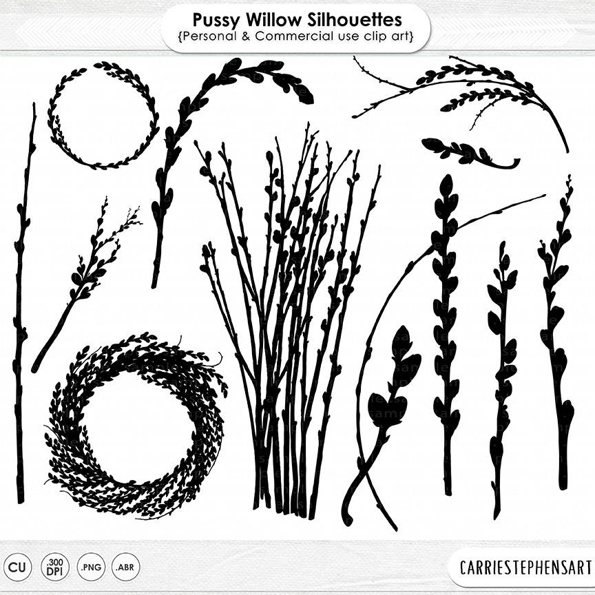 Pussy willow black silhouette graphics easter spring clipart wreath digital graphics tree branches instant download