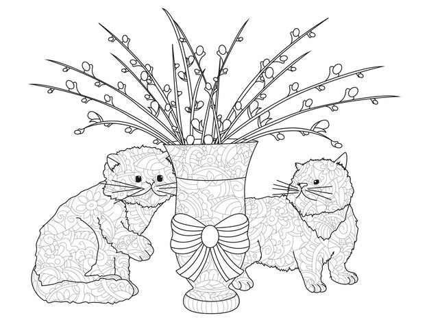 Premium vector fluffy pussy willow bouquets two kittens an arrangement in the vase anti stress coloring vector
