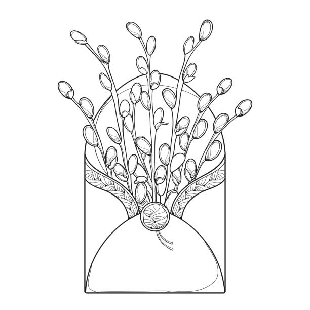 Vector bouquet with outline willow branch in open craft envelope in black isolated on white background stock illustration