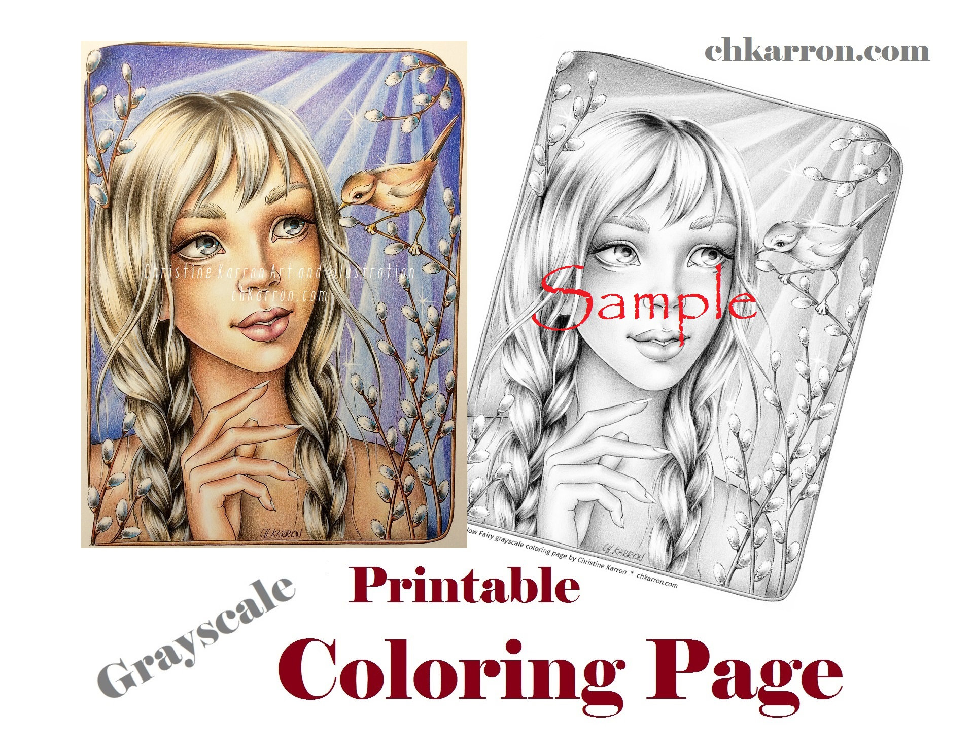 Grayscale coloring page pussywillow fairy illustration instant download printable file