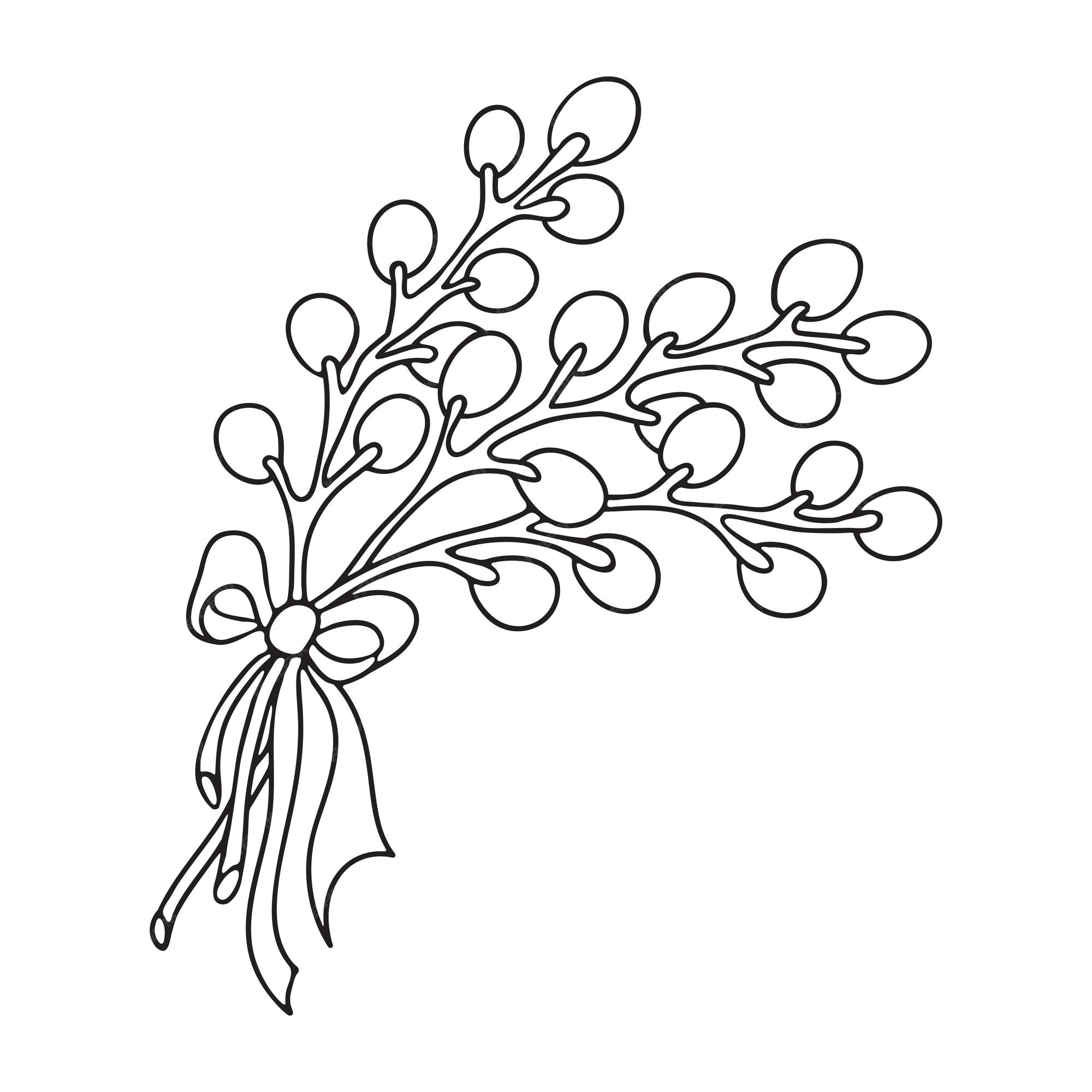 Premium vector pussy willow branches with bow tie outline doodle for easter design premium vector