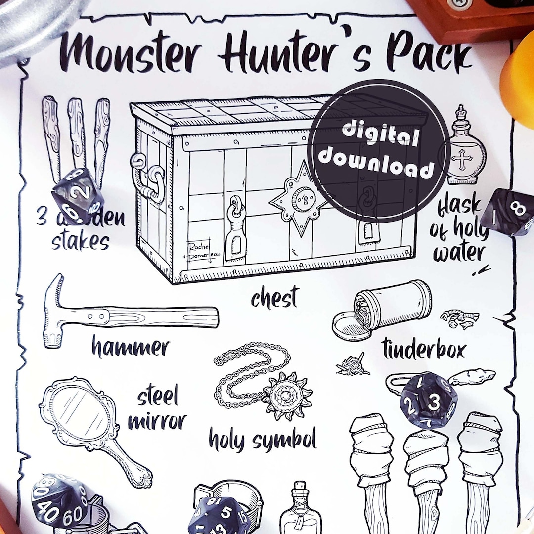 Monster hunters pack visual aid coloring page digital download dd e inventory panion